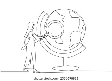 Single continuous line drawing of Arabian businesswoman stood holding magnifier and inspected the globe. Map out good territory to create and develop new ventures. One line design vector illustration