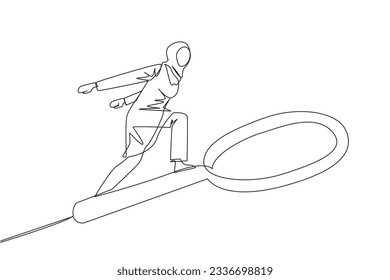 Single continuous line drawing Arabian businesswoman rides a big magnifier like she's skateboarding. Someone is trying to find the right information among big data. One line design vector illustration