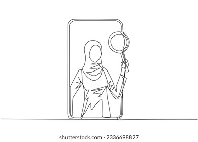 Single continuous line drawing of Arabian businesswoman came out of smartphone screen holding magnifier. Utilizing internet technology on smartphones to promote business abroad. One line design vector
