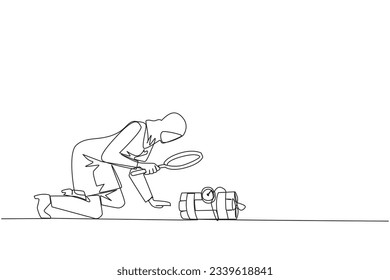 Single continuous line drawing Arabian businesswoman holding magnifying glass look at dynamite has a clock. Trying to shut down without exploding. Removing barriers on business. One line design vector