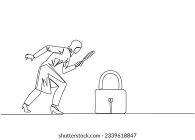 Single continuous line drawing of Arabian businesswoman holds magnifying glass look at padlock. Looking ways to protect stock values to keep high and safe from hackers. One line vector illustration
