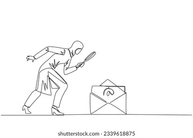 Single continuous line drawing of Arabian businesswoman holds magnifying glass look at email icon. Receive important emails related to the progress of her business. One line design vector illustration