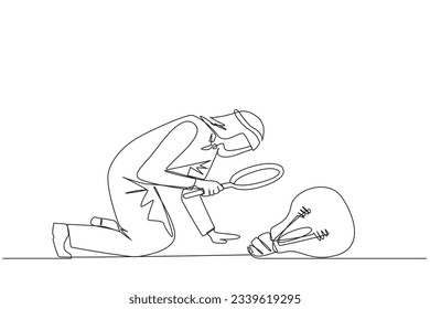 Single continuous line drawing Arabian businessman holding magnifying glass look at lightbulb. Requires a brilliant idea to expand its business overseas. Metaphor. One line design vector illustration