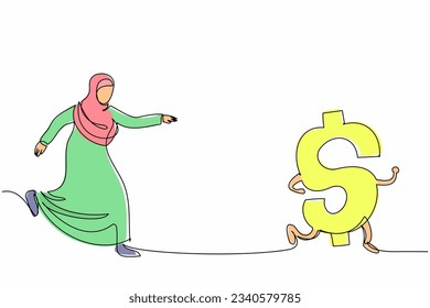 Single continuous line drawing Arabian businesswoman chasing dollar symbol. Female manager want to rich. Business project, savings money, wealth, investment. One line draw design vector illustration