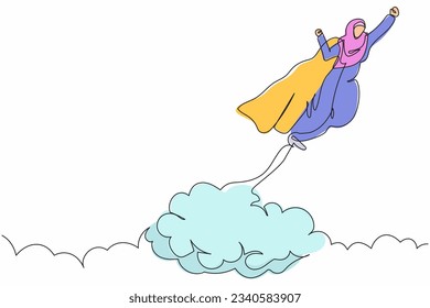 Single continuous line drawing Arabian businesswoman superhero with cloak flying up to success. Business takes off. Power uniqueness business project. One line draw graphic design vector illustration