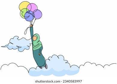 Single continuous line drawing Arabian businesswoman floating with flying balloon through cloud. Office worker reaches goal, achieve target, solution. One line draw graphic design vector illustration