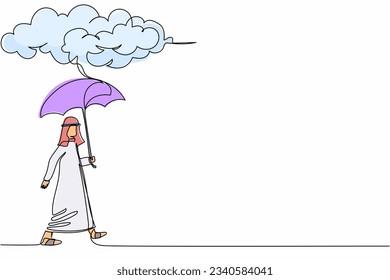 Single continuous line drawing Arabian businessman walking with umbrella under rain cloud. Depression, failed in business, passerby at rainy weather. One line draw graphic design vector illustration