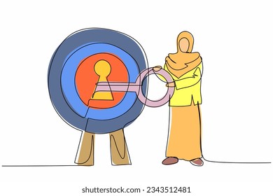 Single continuous line drawing Arabian businesswoman put key into bullseye target. Accuracy in success business plan. Career path. Secret for achieve goals. One line graphic design vector illustration