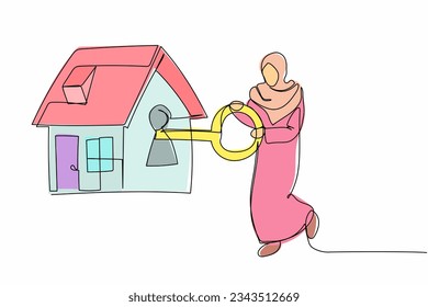 Single continuous line drawing Arabian businesswoman put key into house. Real estate investment for working people. Housing loan, property banking mortgage. One line graphic design vector illustration