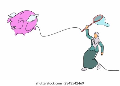 Single continuous line drawing Arabian businesswoman try to catching flying piggy bank with butterfly net. Future savings lost due to economic crisis. One line draw graphic design vector illustration