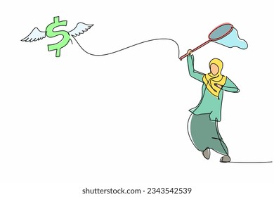 Single continuous line drawing Arabian businesswoman try to catching flying dollar symbol with butterfly net. Dollar inflation causes prices to rise. One line draw graphic design vector illustration