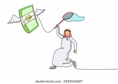 Single continuous line drawing Arabian businessman try to catching flying money stack with butterfly net. Failed raise salary at office. Business metaphor. One line graphic design vector illustration
