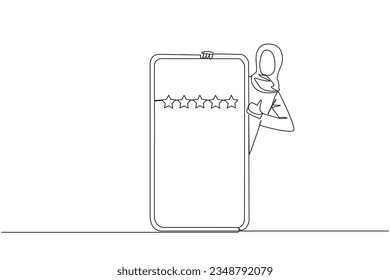 Single continuous line drawing Arabian woman stands behind giant smartphone  but head   body appear   hands give thumbs up gesture  Online shop concept  Review 5 star  One line vector illustration