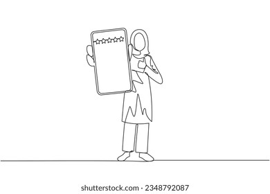 Single continuous line drawing Arabian woman standing holding smartphone showing screen to the front. Giving rating of 5 stars to online seller. Satisfied customer. One line design vector illustration