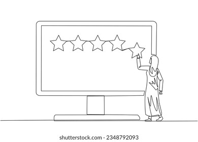 Single continuous line drawing Arabian woman standing and trying to stick one star on the big monitor. Giving 5 star feedback. Giving stars quality result. Giving review. One line vector illustration