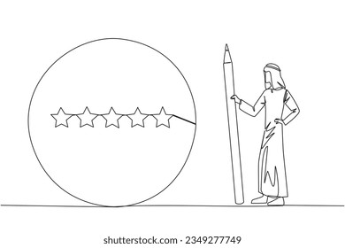 Single continuous line drawing Arabian man stands holding a large pencil and next to is a large circle encircling all 5 stars. Five star rating positive feedback. One line design vector illustration
