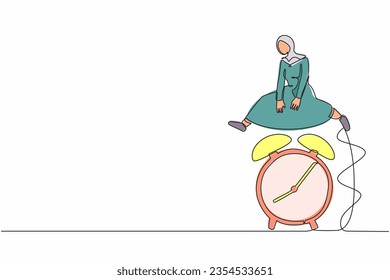 Single continuous line drawing Arabian businesswoman jump over alarm clock. Business deadline or working time efficiency concept. Wake up inspiration. One line draw graphic design vector illustration