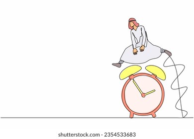 Una sola línea contínua que dibuja un hombre de negocios árabe salta con el tiempo pasando el reloj despertador. Trabajo de sobrecarga con fecha límite. Concepto de eficiencia en el tiempo de trabajo. ilustración vectorial de diseño gráfico de una línea