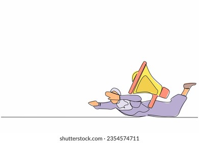 Single continuous line drawing Arabian businesswoman under heavy megaphone burden. Troubles in communication. Bullying, harassment at work, families. One line draw graphic design vector illustration