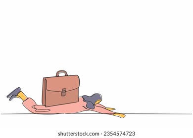 Single continuous line drawing Arabian businesswoman under heavy briefcase burden. Difficulty business task. Pressure workload. Anxiety from work and overload. One line draw design vector illustration