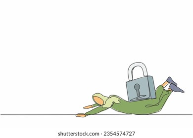 Single continuous line drawing Arabian businesswoman under heavy keypad burden. Unemployment and debt problem or bankruptcy concept, depressed dying worker. One line graphic design vector illustration