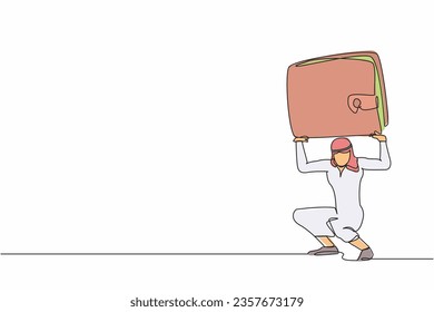 Single continuous line drawing Arabian businessman carrying heavy wallet on his back. Stressed worker feeling bankrupt, no money. Financial crisis due to pandemic. One line design vector illustration