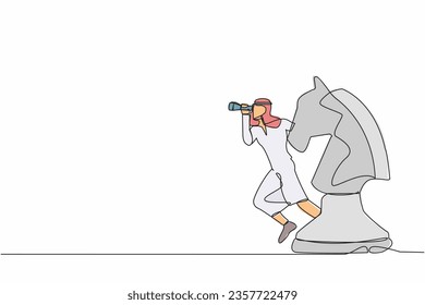 Single continuous line drawing Arabian businessman leader standing on horse chess piece using telescope to see business vision. Competitor analysis concept. One line graphic design vector illustration