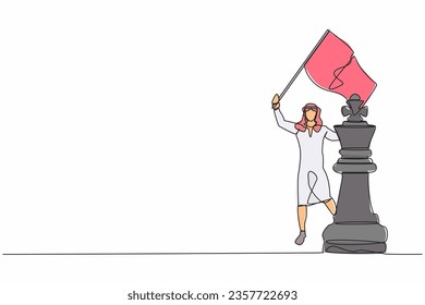 Single continuous line drawing Arabian businessman waving flag on king chess piece metaphor of win competition. Successful and superiority in business. One line draw graphic design vector illustration