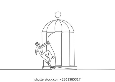 Single continuous line drawing Arabian businessman pull iron bars until dent. Describes anger. Businessman expressing disappointment. Unhappy feeling. Exasperated. One line design vector illustration