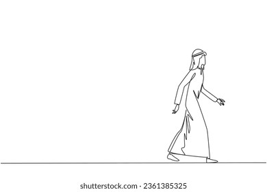 Una línea continua dibujando a un hombre de negocios árabe caminando a una cafetería para el descanso y el almuerzo. Tomar tiempo para volver a poner ideas en ideas brillantes. Éxito. Ilustración vectorial de diseño de una línea