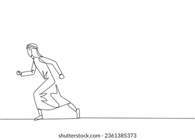 Single continuous line drawing Arabian businessman leisurely strolling. Habit to get rid of nervousness. Nervous when meeting big client. Light exercise for health. One line design vector illustration