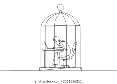 Single continuous line drawing Arabian businesswoman trapped in cage working on laptop. Plan to take annual leave to get away from routine. Workaholic. Overtime. One line design vector illustration