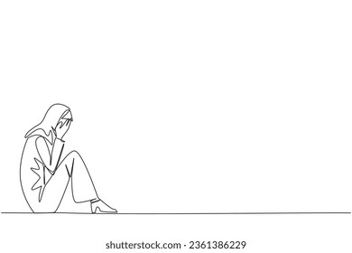 Una línea contínua dibujando a una empresaria árabe sentada mientras cubría la cara. Una mujer de negocios triste se lamenta del destino de los negocios. Fallo al desarrollar la unidad de negocio. Ilustración vectorial de diseño de una línea