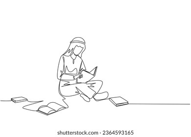 Single continuous line drawing Arabian man sitting relax in library reading lot of books. Looking for answers to assignments. Hobby reading. Book festival concept. One line design vector illustration