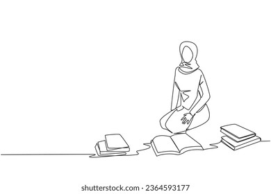 Single continuous line drawing Arabian woman reading the books happily. Good reading interest. Really enjoy reading story books. Reading everywhere. Book festival concept. One line vector illustration