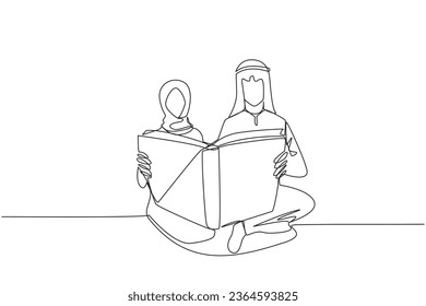 Single continuous line drawing Arabian man woman sitting reading standing book. Enthusiasm never goes away. Happy when reading story book. Book festival concept. One line design vector illustration