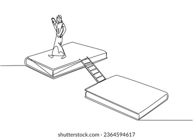 Single continuous line drawing Arabian man walking reading on book. Book exhibition concept. Display many books, scientific books to fiction story books. Book festival. One line vector illustration