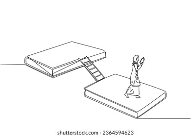 Single continuous line drawing Arabian woman walking reading on book. Book exhibition concept. Display many books, scientific books to fiction story books. Book festival. One line vector illustration