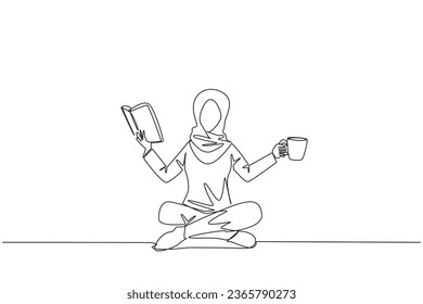 Single continuous line drawing Arabian woman sitting cross-legged reading book. Accompanied by mug of coffee to make reading more interesting. Knowledge. Calmness. One line design vector illustration