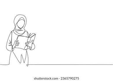 Single continuous line drawing Arabian woman focus on reading. Try to find answer to the tasks given. Seek more knowledge. Reading increases insight. Happy reading. One line design vector illustration