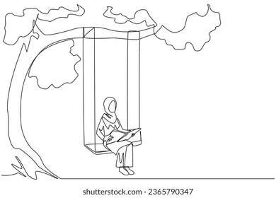 Single continuous line drawing Arabian woman sitting on swing under shady tree reading book. High enthusiasm for reading. Read anywhere. Reading increases insight. One line design vector illustration