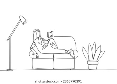 Single continuous line drawing Arabian man sitting stretched out on sofa reading book. Really like content of the book reading on each page. Impressive. Love read. One line design vector illustration