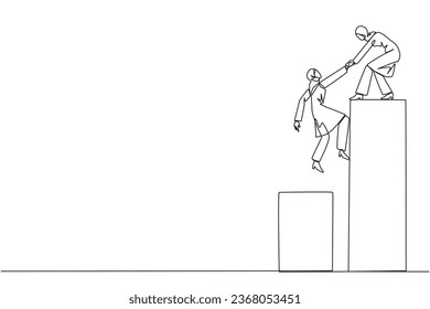 Single continuous line drawing Arabian businesswoman helps colleague climb bar graph. Helps to climb to higher ground. Move forward and success together. Teamwork. One line design vector illustration