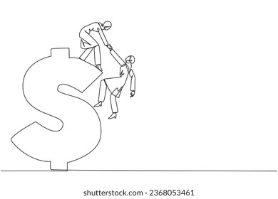 Single continuous line drawing Arabian businesswoman helps colleague climb dollar symbol. Desire to develop business together. Super great teamwork. Cohesiveness. One line design vector illustration