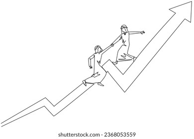 Single continuous line drawing Arabian businessman helps colleague to climb the rising arrow symbol. Help each other to achieve satisfactory targets. Grow together. One line design vector illustration