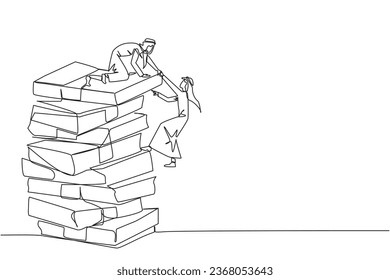 Single continuous line drawing Arabian businessman helps colleague climb a large pile of banknotes. Contagious success. Share tips for success. Teamwork bonus. One line design vector illustration