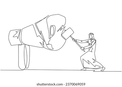 Single continuous line drawing Arabian businessman preparing to hit a big megaphone. Destroy of hoax information that damage business stability. Destroy slander. One line design vector illustration