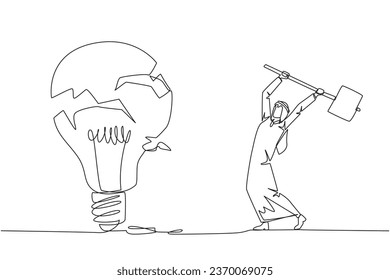 Single continuous line drawing Arabian businessman preparing to hit a big lightbulb. The thrashing anger. Failed to secure a brilliant business idea. Destruction. One line design vector illustration