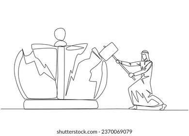 Single continuous line drawing Arabian businessman preparing to hit big crown. Destroying the symbols of authoritarian kingdom. Expect justice for business people. One line design vector illustration