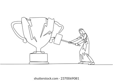 Single continuous line drawing Arabian businessman preparing to hit big trophy. Rampage. Expressing mounting anger. Smashing the trophy with a sledgehammer. Failed. One line design vector illustration
